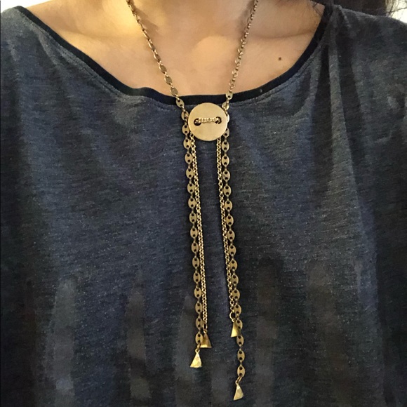 Jewelry - Modern brass bolo necklace w triangle charms